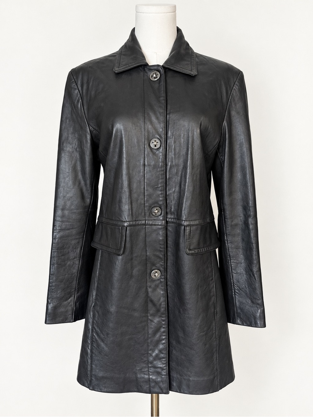 Nine West Black Genuine Leather Long Jacket Coat Women’s S/P Button Front